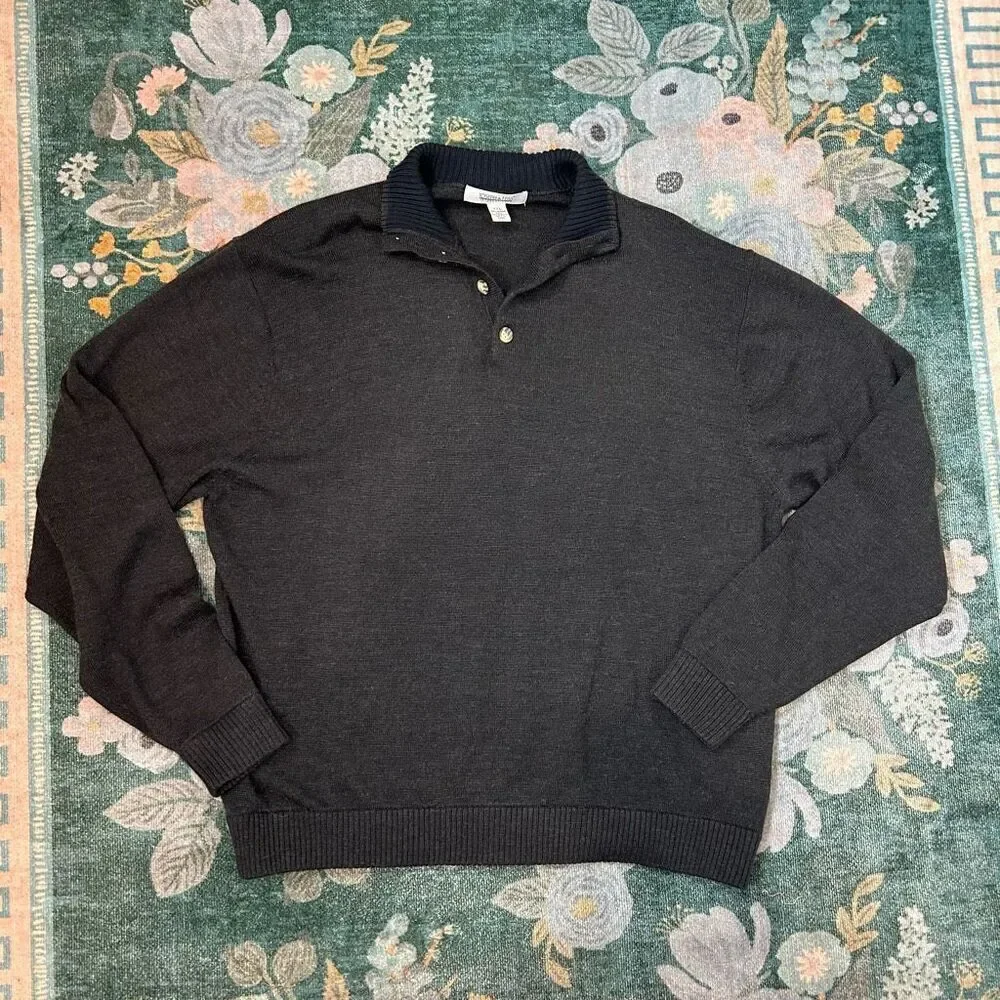 Joseph & Feiss Sweater Men XXL Merino Wool Dark Gray Quarter Button Pullover 2XL